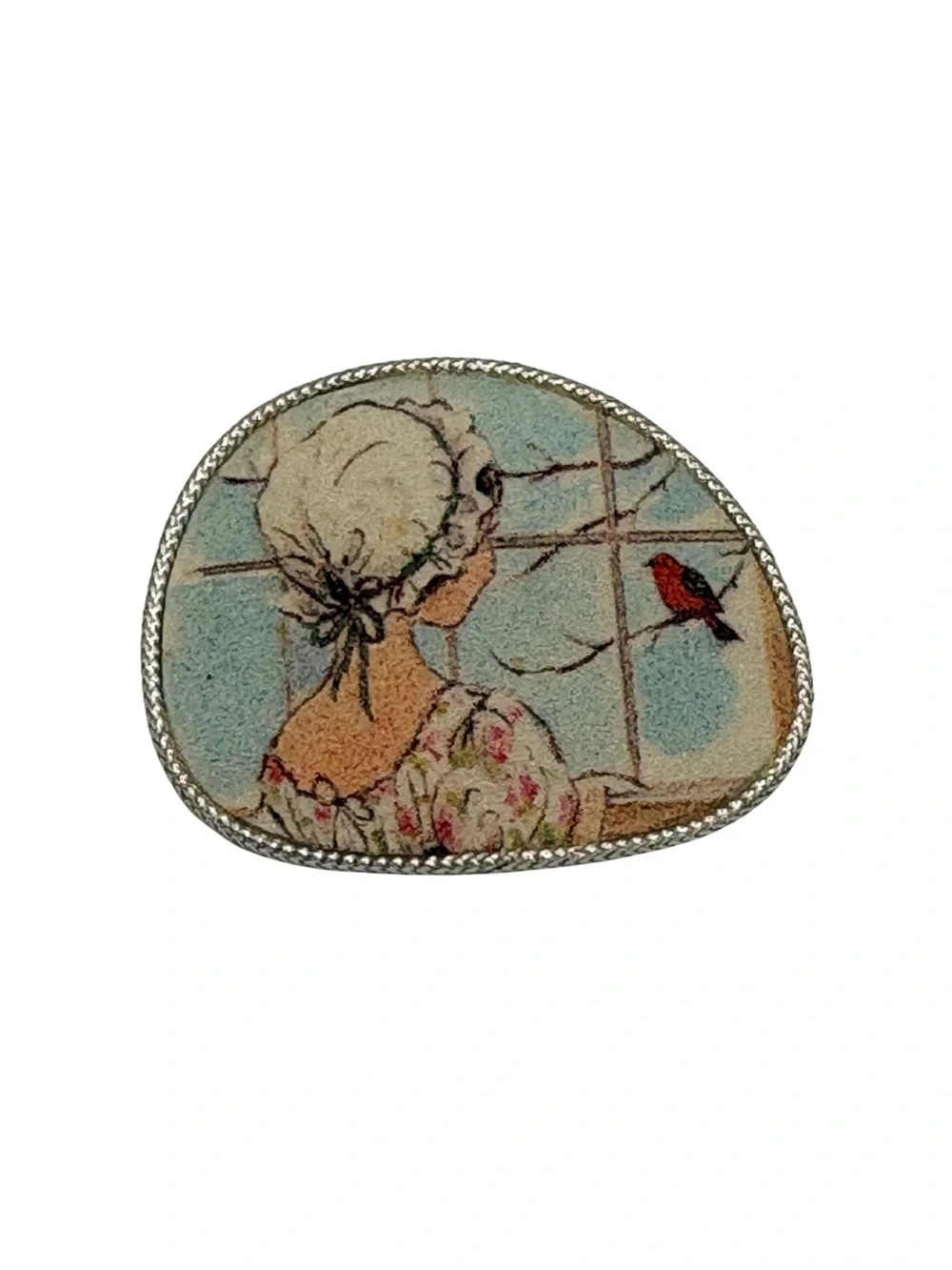 Vintage-Inspired Woman and Bird Enamel Brooch in Multi-Color